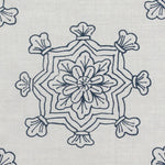 Detail of fabric in a floral medallion print in navy on a cream field.