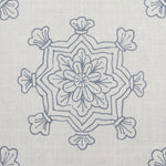 Detail of fabric in a floral medallion print in light blue on a cream field.
