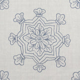 Detail of fabric in a floral medallion print in light blue on a cream field.
