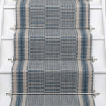 Striped flatweave runner in blue on white staircase 