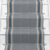 Striped flatweave runner in blue on white staircase 