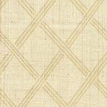 Detail of fabric in a diamond lattice print in tan on a cream field.
