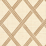 Detail of fabric in a diamond lattice print in brown on a cream field.
