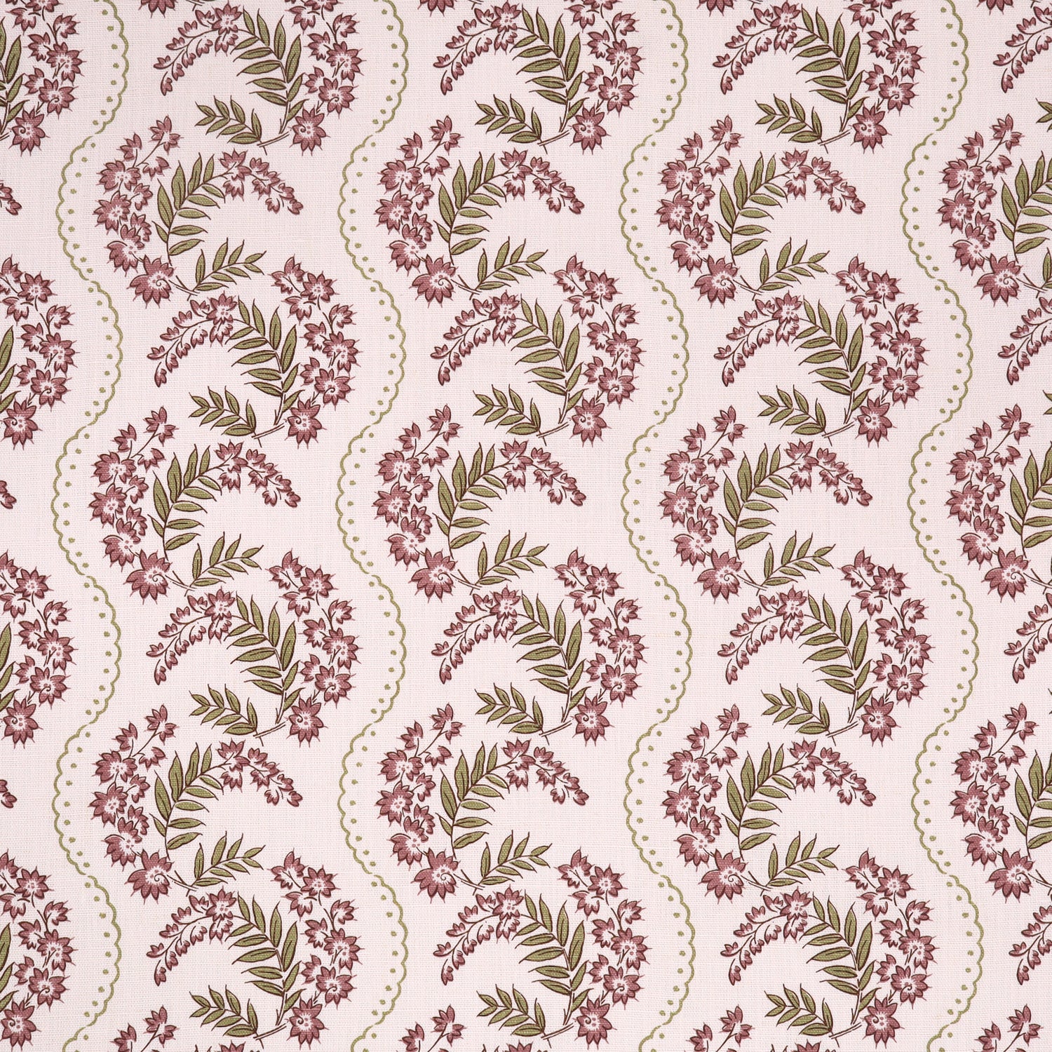 Floral pattern with scrolling stripes in purple and green. 