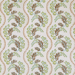 Wallpaper with floral pattern with scrolling stripes in shades of brown, lime green and turquoise.