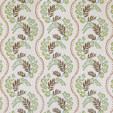 Wallpaper with floral pattern with scrolling stripes in shades of brown, lime green and turquoise.