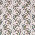 Floral pattern with scrolling stripes in blue and green.