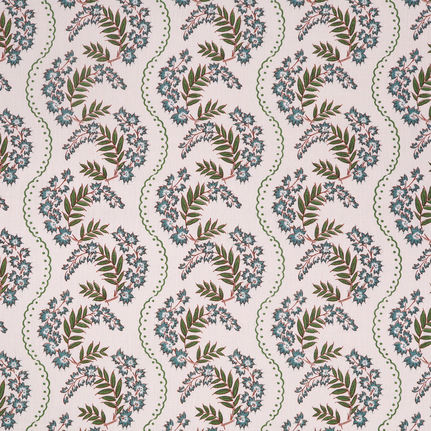 Floral pattern with scrolling stripes in blue and green.
