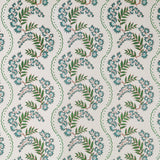 Wallpaper with floral pattern with scrolling stripes in shades of turquoise and green.