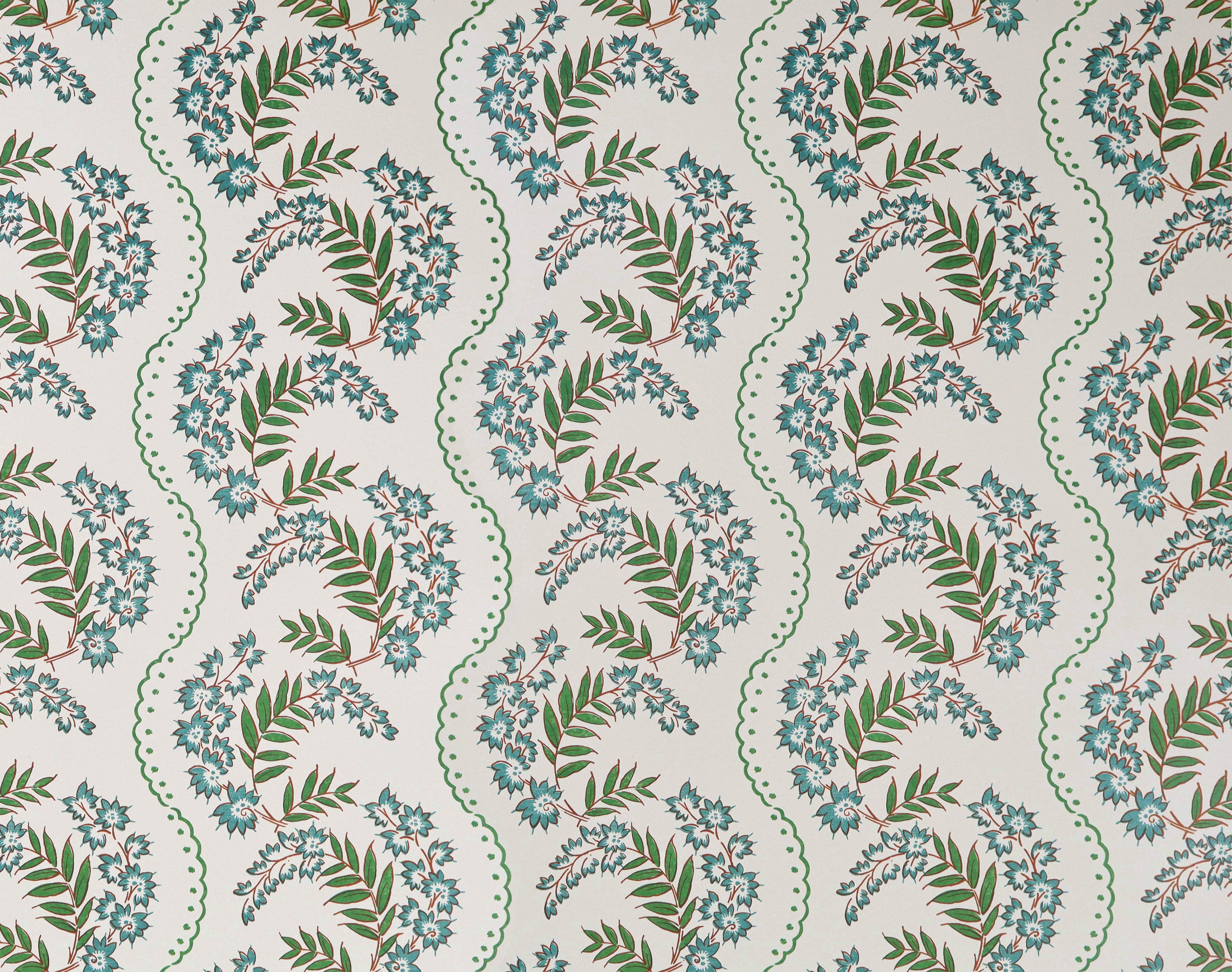 Wallpaper with floral pattern with scrolling stripes in shades of turquoise and green.