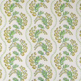 Wallpaper with floral pattern with scrolling stripes in shades of green and yellow. 