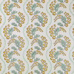 Wallpaper with floral pattern with scrolling stripes in shades of mustard yellow and green.