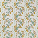Wallpaper with floral pattern with scrolling stripes in shades of mustard yellow and green.