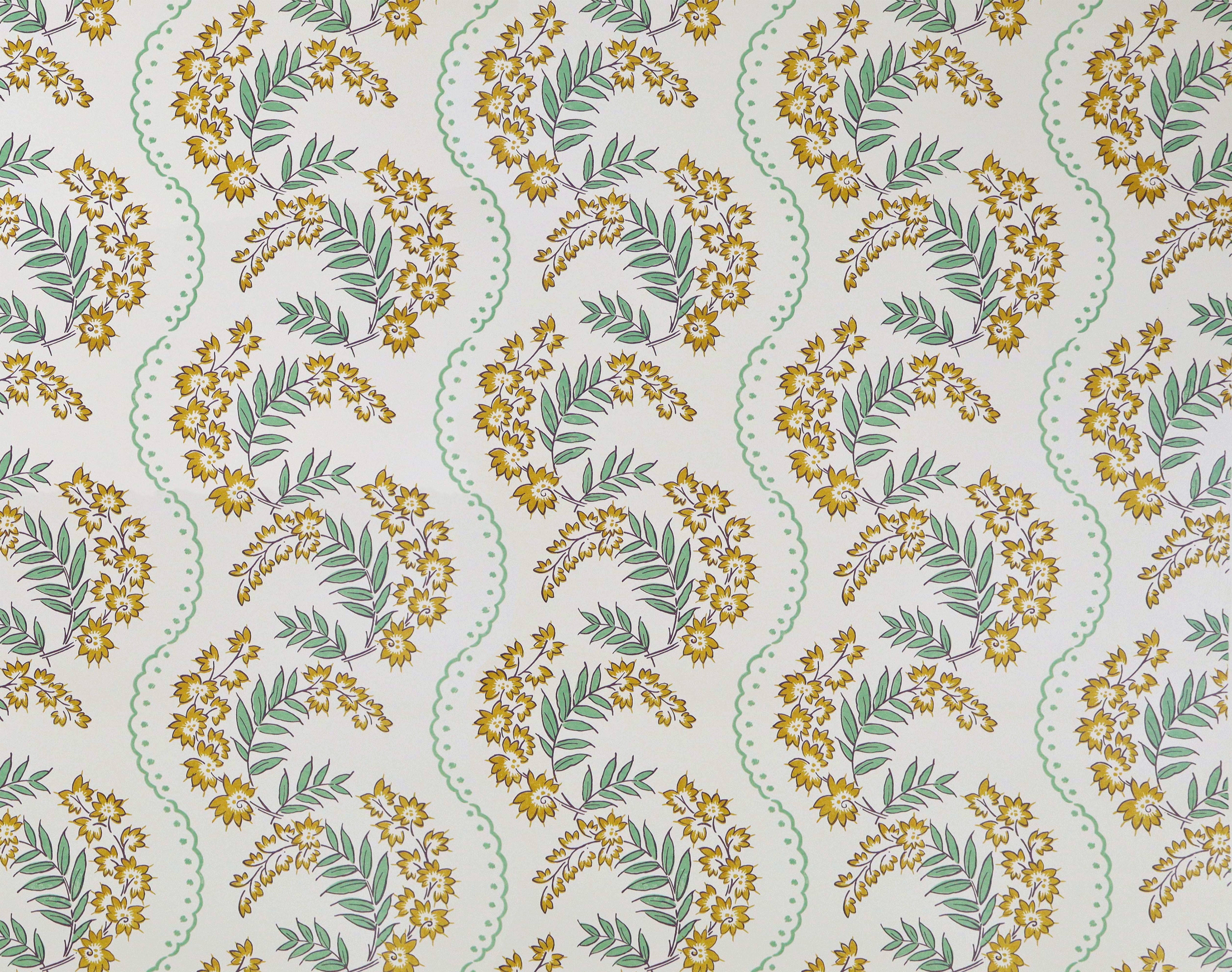 Wallpaper with floral pattern with scrolling stripes in shades of mustard yellow and green.