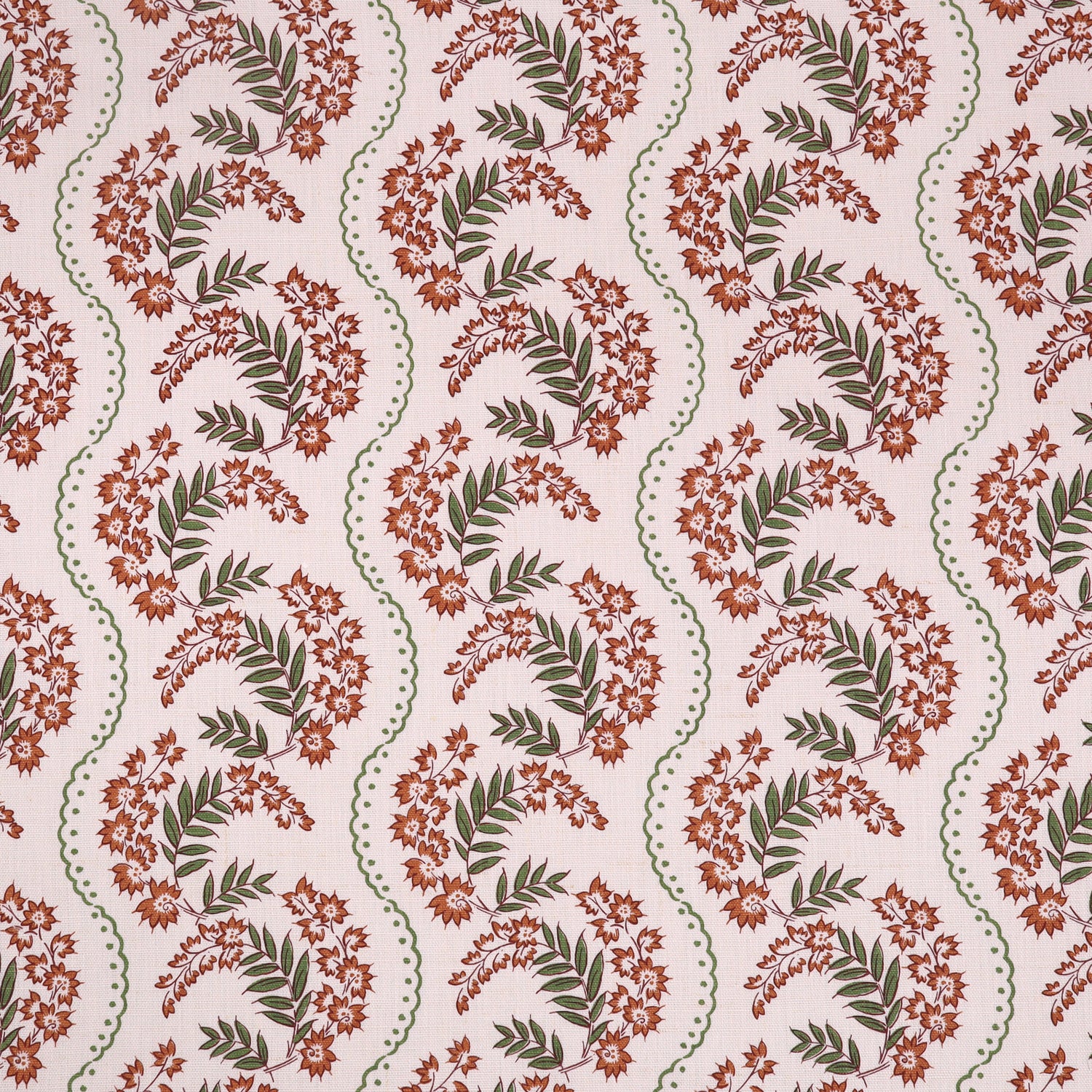 Floral pattern with scrolling stripes in green and orange. 