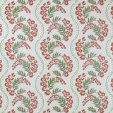 Wallpaper with floral pattern with scrolling stripes in shades of orange and green.