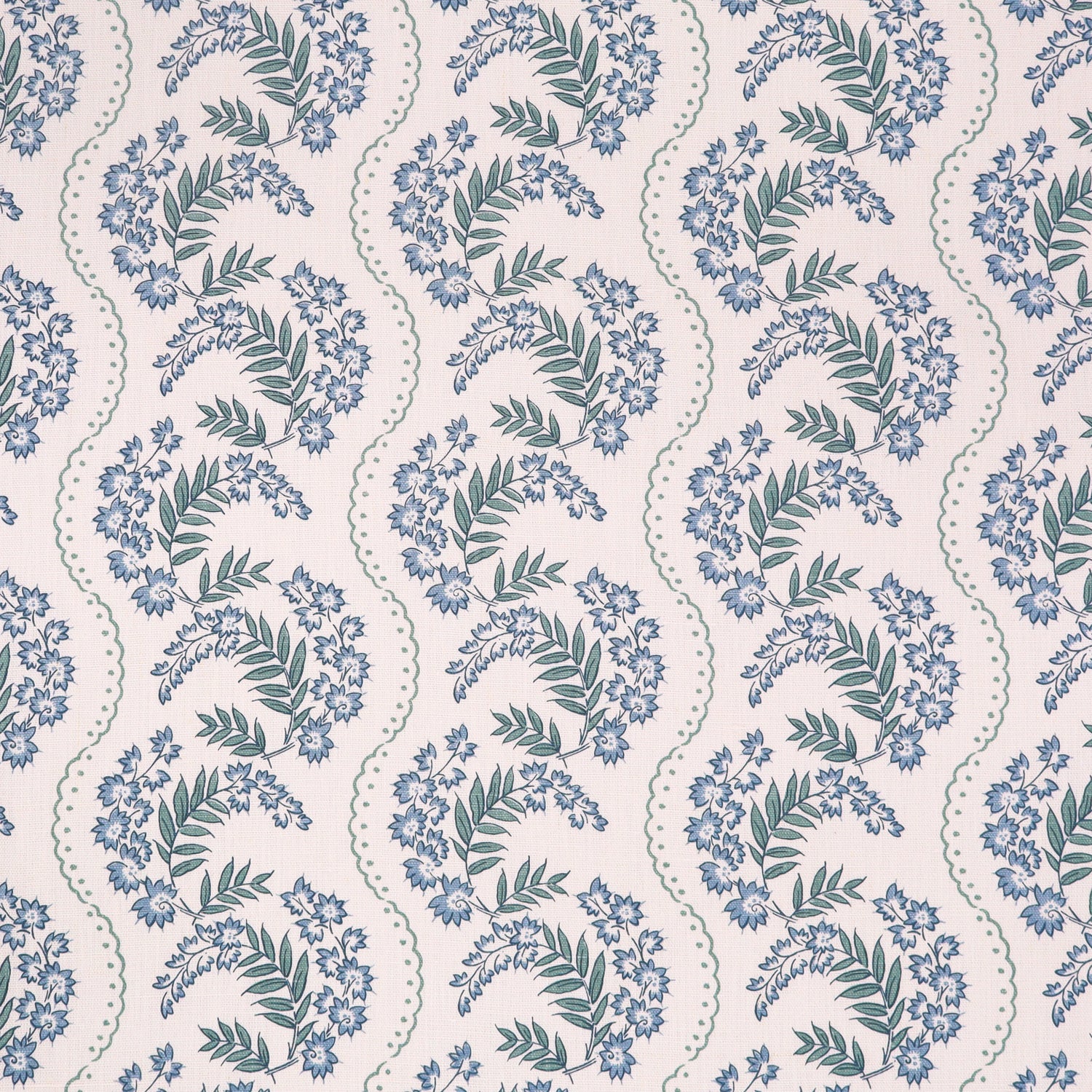 Floral pattern with scrolling stripes in shades of blue. 
