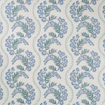 Wallpaper with floral pattern with scrolling stripes in shades of blue. 