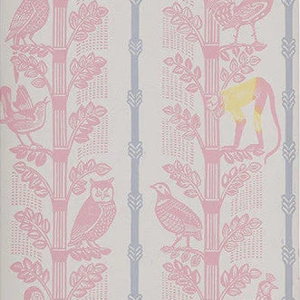 Detail of wallpaper in a linear monkey, bird and leaf print in pink, blue and yellow on a cream field.