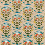 Fabric in a playful snake, plant and moon print in jewel tones with rhinestone accents on a tan field. 
