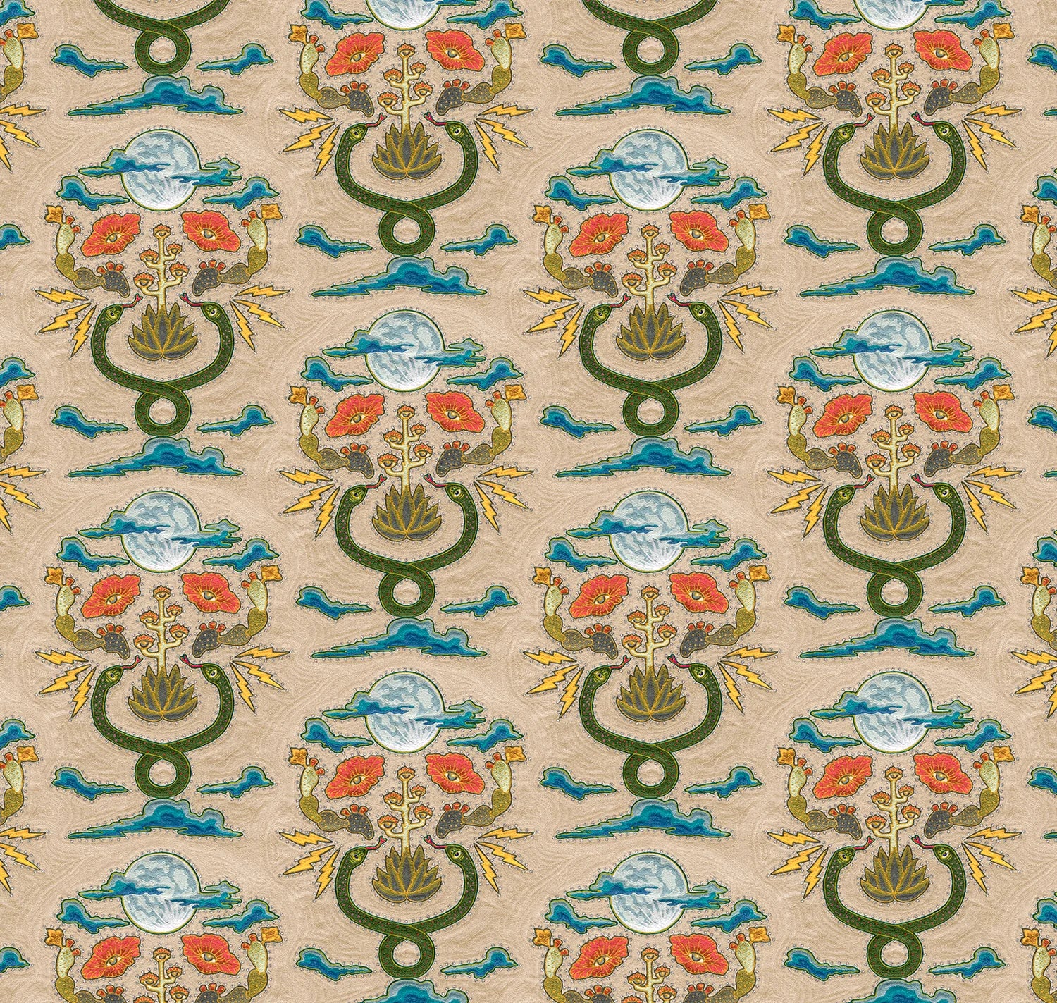 Fabric in a playful snake, plant and moon print in jewel tones with rhinestone accents on a tan field. 
