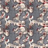 Detail of fabric in an abstract floral print in red, cream and gray on a dark gray field.