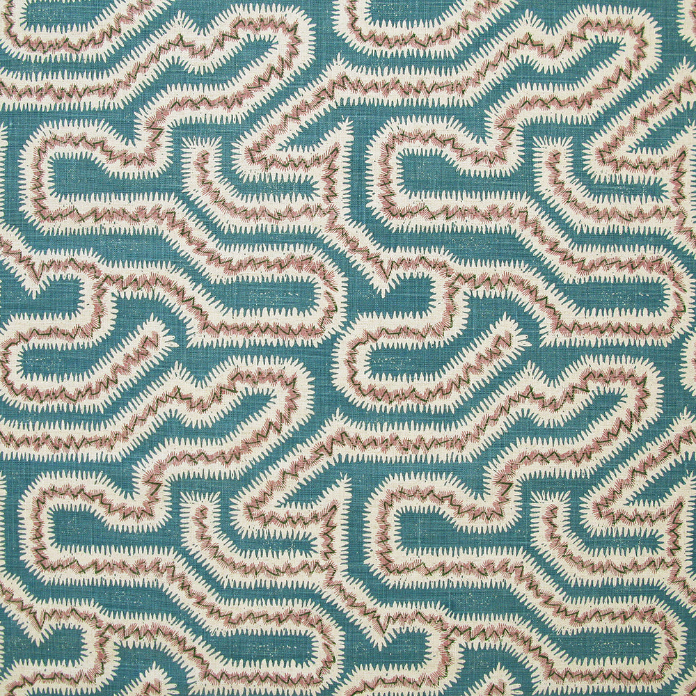 Detail of fabric in a dense meandering print in white, brown and pink on a turquoise field.
