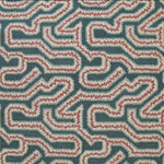 Detail of fabric in a dense meandering print in white, pink and red on a navy field.
