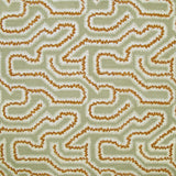 Detail of fabric in a dense meandering print in white, orange and red on a light green field.