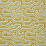 Detail of fabric in a dense meandering print in white, turquoise and gray on a mustard field.