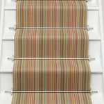 Striped flatweave runner in tan pink green blue on white staircase