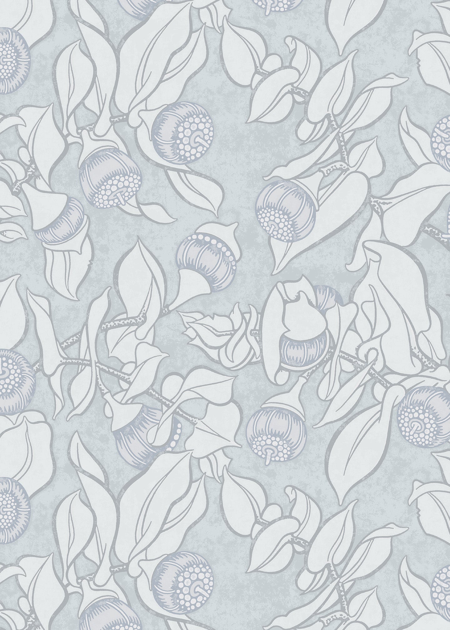 Patterned wallpaper with blooms and leaves on a light blue background