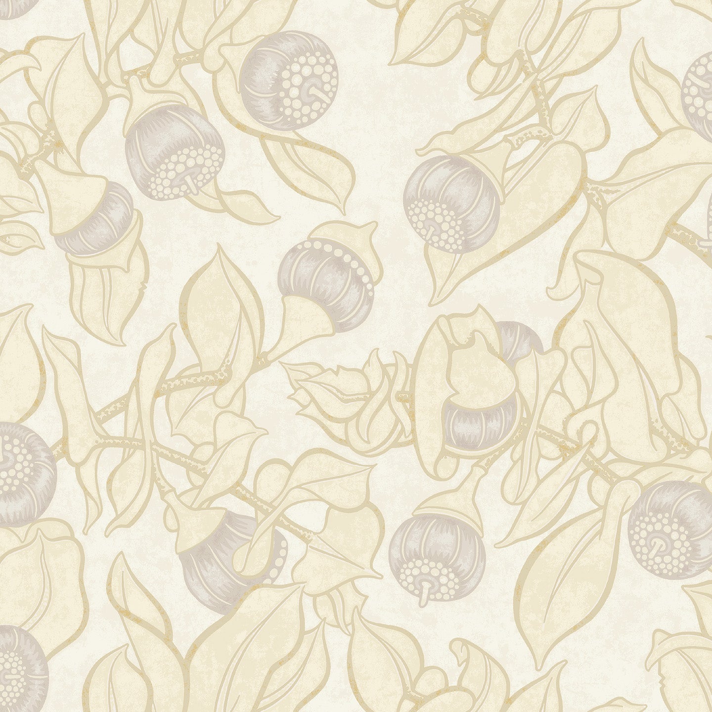 Patterned wallpaper with blooms and leaves in yellow on a cream background