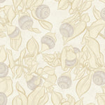 Patterned wallpaper with blooms and leaves in yellow on a cream background