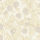 Patterned wallpaper with blooms and leaves in yellow on a cream background