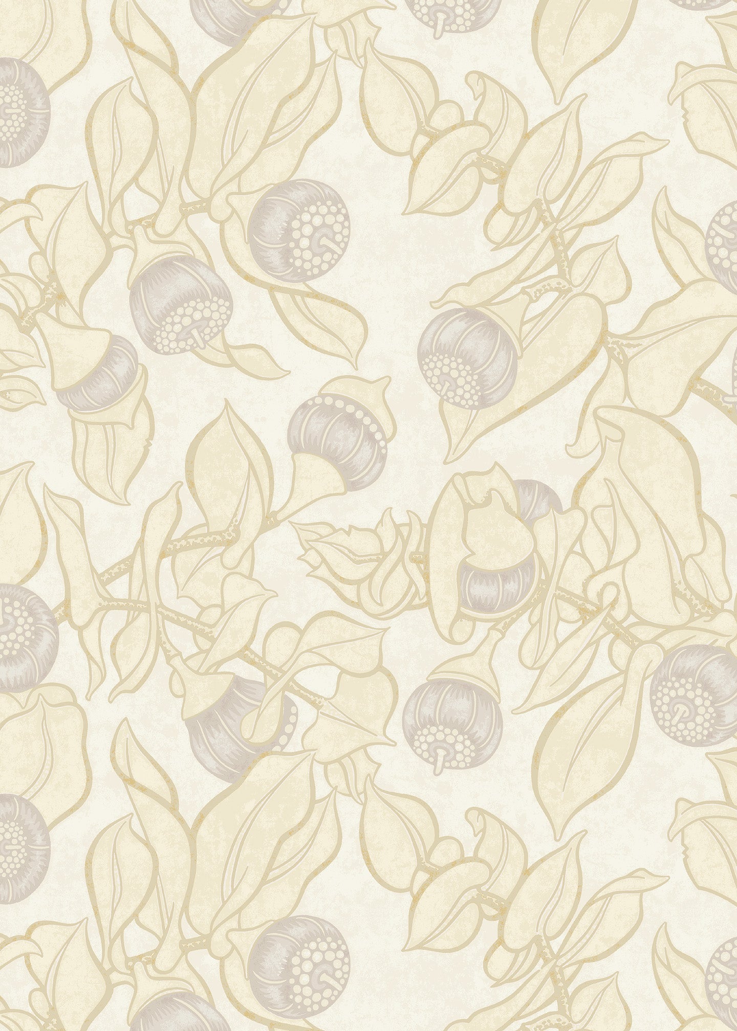 Patterned wallpaper with blooms and leaves in yellow on a cream background