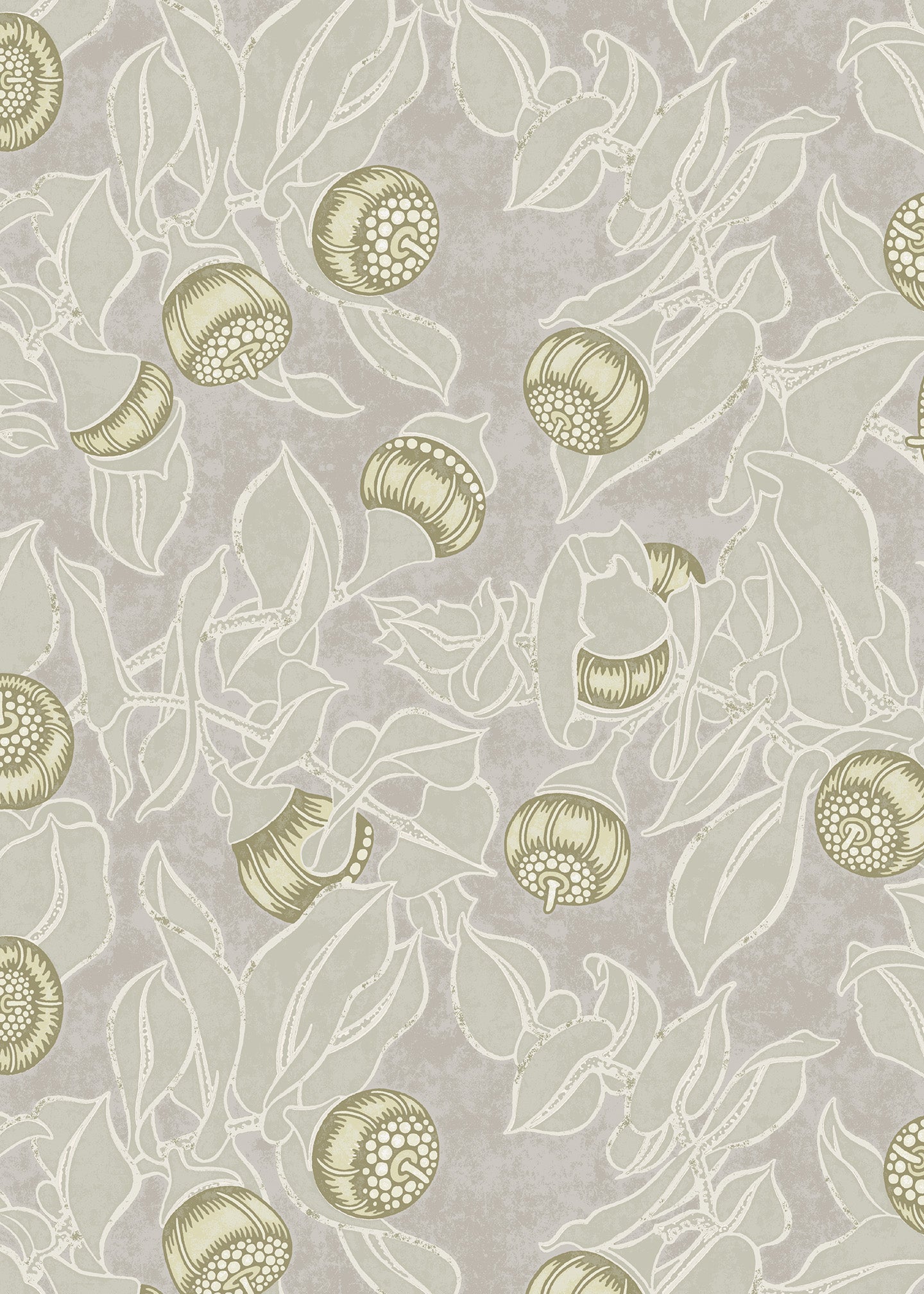 Patterned wallpaper with blooms and leaves in tonal grey-yellow.