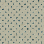 Detail of wallpaper in a repeating leaf print in navy on a sage field.