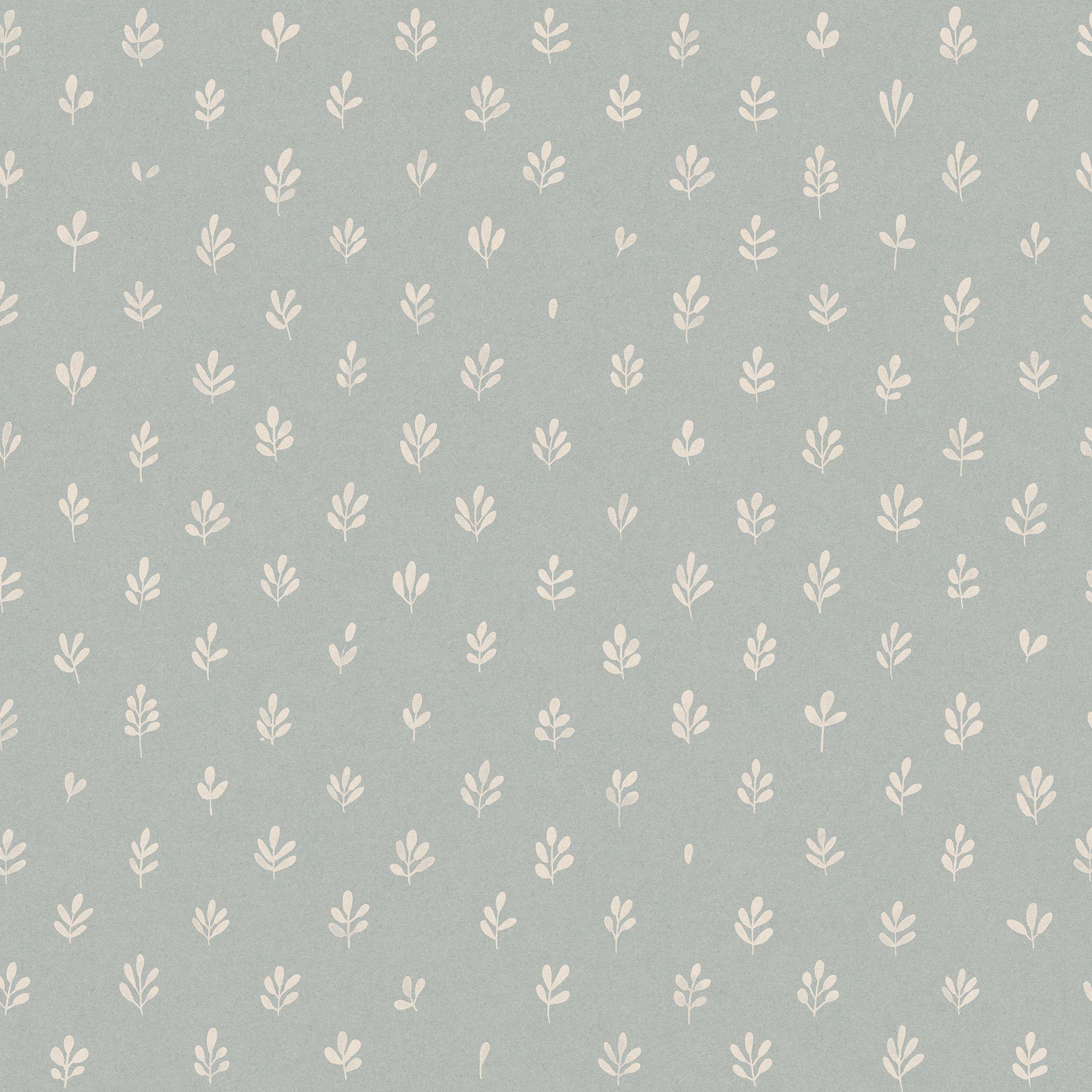Detail of wallpaper in a repeating leaf print in cream on a light blue field.