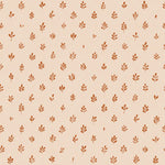Detail of wallpaper in a repeating leaf print in burnt orange on a cream field.
