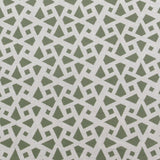 Detail of fabric in a geometric lattice print in sage on a greige field.