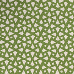 Detail of fabric in a geometric lattice print in green on a greige field.