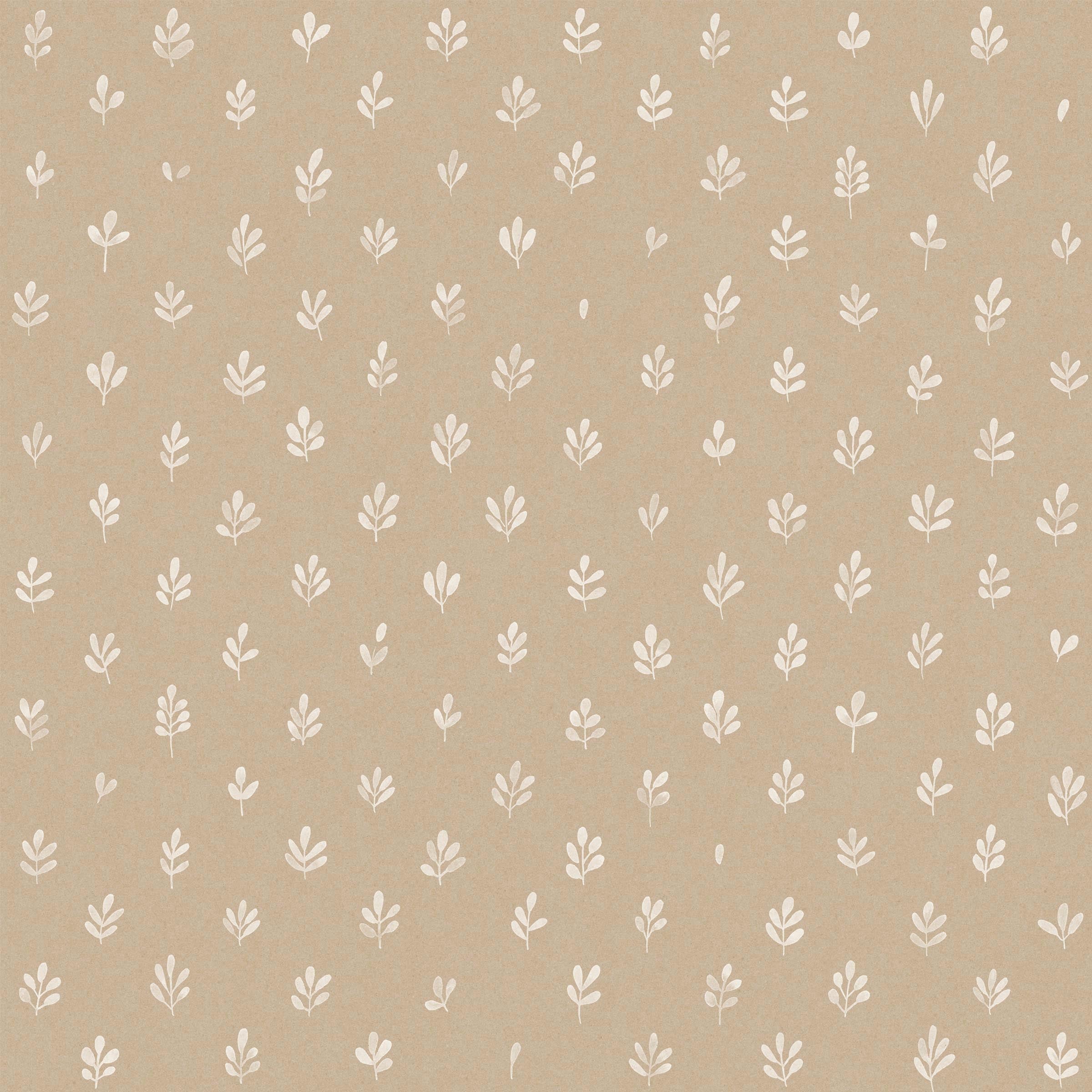 Detail of fabric in a repeating leaf print in cream on a tan field.
