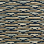 Handwoven rug in a waves stripe design in shapes of blue and taupe. 