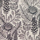 Detail of wallpaper in a dense floral print in black and white on a cream field.