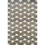 Geometric patterned rug with triangles and stripes in green and blue.