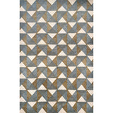 Geometric patterned rug with triangles and stripes in green and blue.