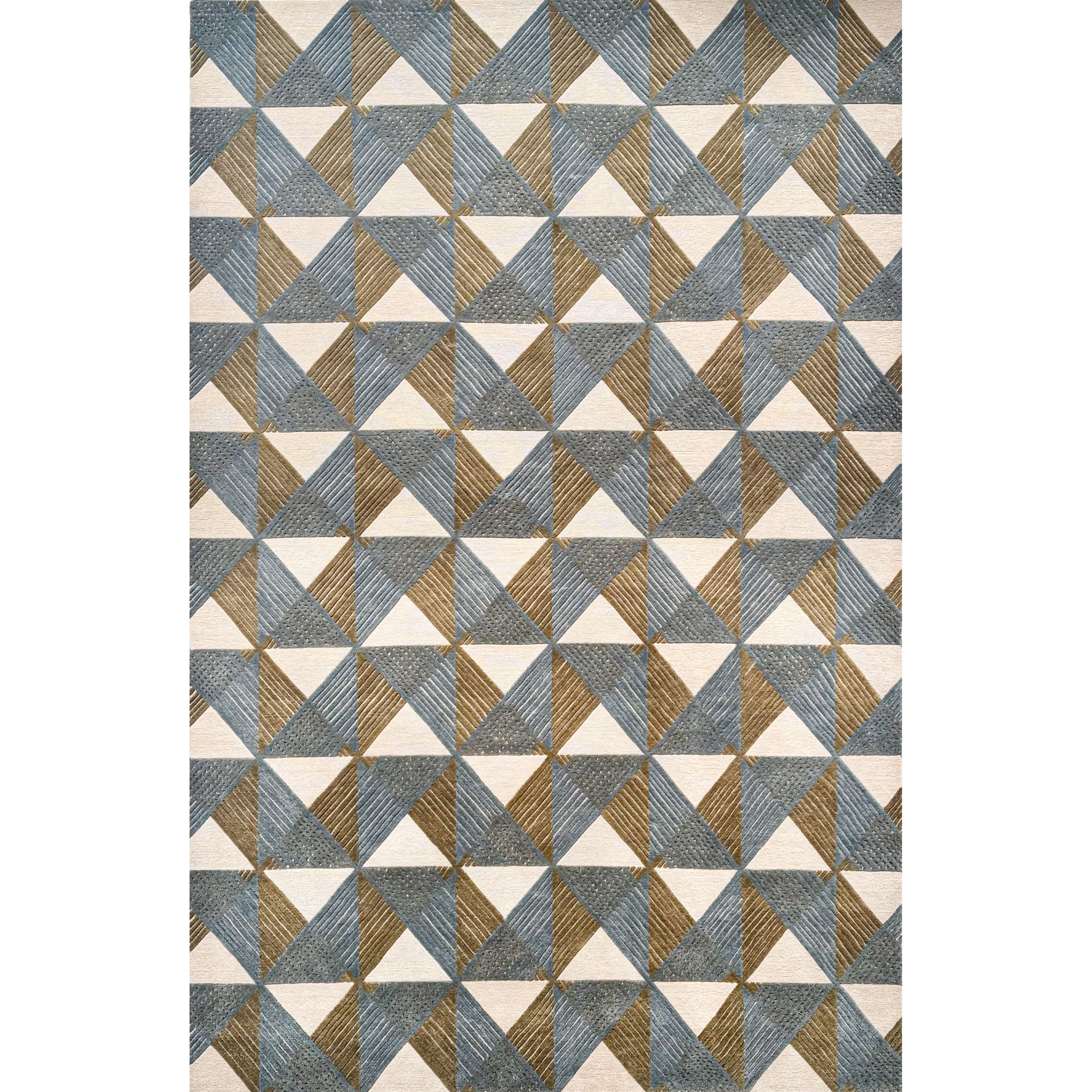 Geometric patterned rug with triangles and stripes in green and blue.