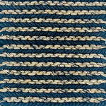 Woven rug swatch in natural fibers in a tan and teal blue stripe pattern