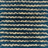 Woven rug swatch in natural fibers in a tan and teal blue stripe pattern